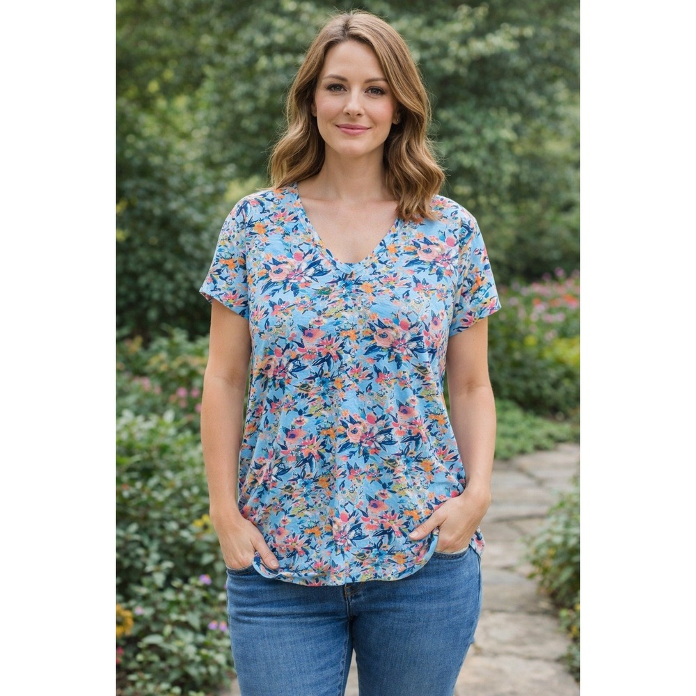 Sundance Floral V-Neck Short Sleeve Tee Women's Large Blue Cotton Cottagecore
